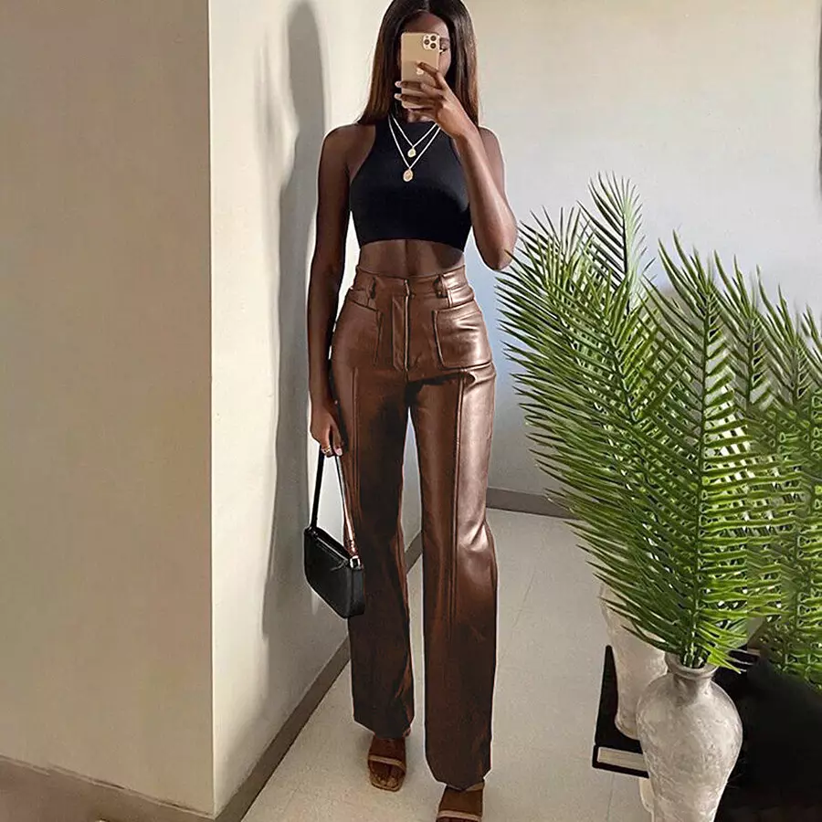 All Match Casual Design Double Pocket Pants Pu Leather Pants Woman