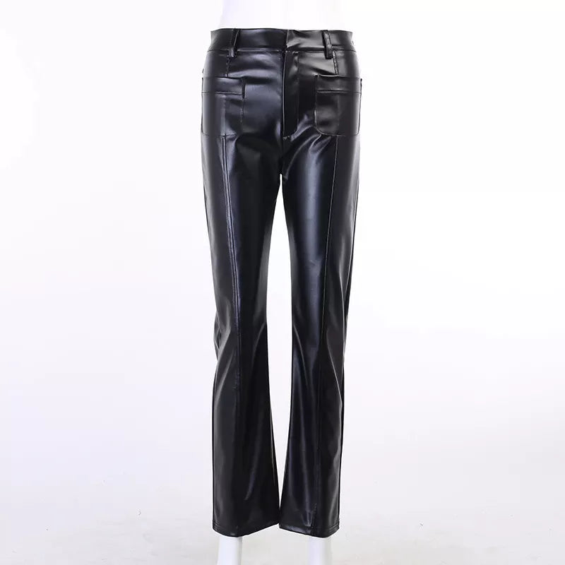 All Match Casual Design Double Pocket Pants Pu Leather Pants Woman