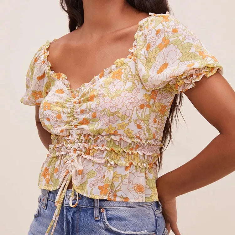 Blouses Ladies Summer Floral Printed Tops Woman Blouses Crop Tops Front Drawstring Blouses Ladies Shirt