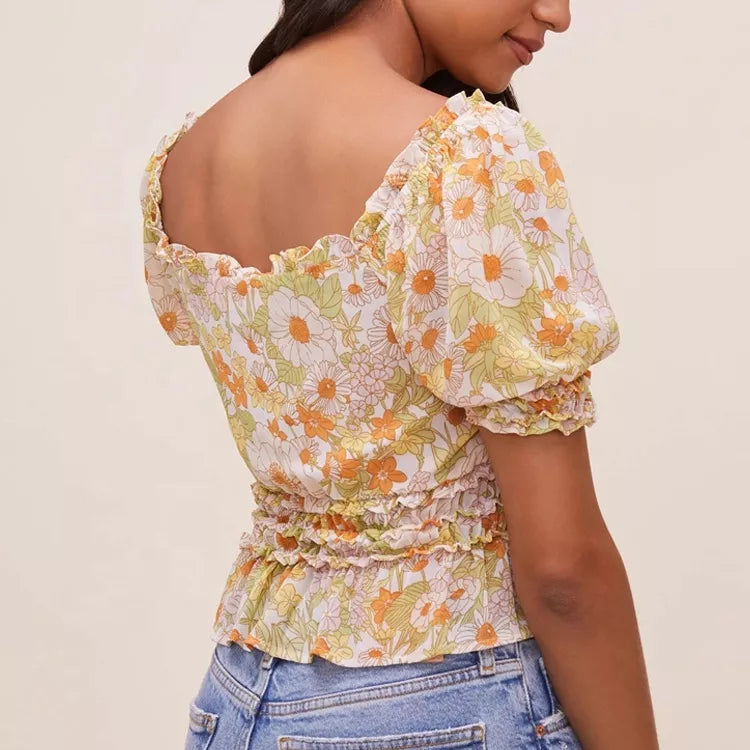 Blouses Ladies Summer Floral Printed Tops Woman Blouses Crop Tops Front Drawstring Blouses Ladies Shirt