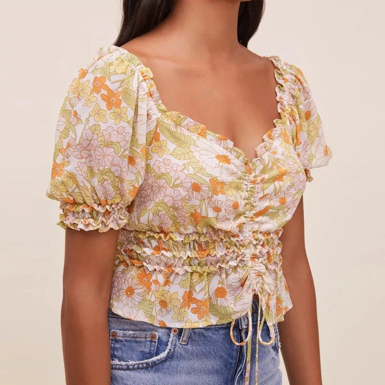 Blouses Ladies Summer Floral Printed Tops Woman Blouses Crop Tops Front Drawstring Blouses Ladies Shirt