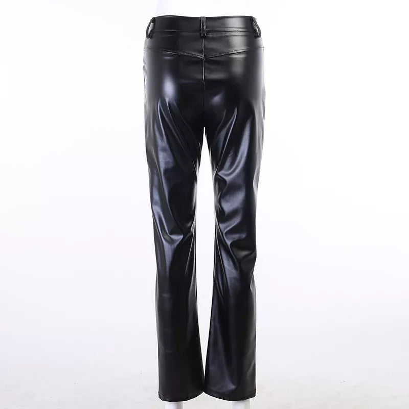 All Match Casual Design Double Pocket Pants Pu Leather Pants Woman