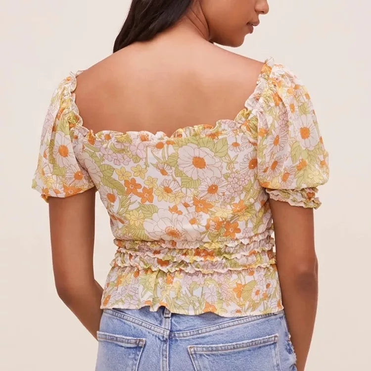 Blouses Ladies Summer Floral Printed Tops Woman Blouses Crop Tops Front Drawstring Blouses Ladies Shirt