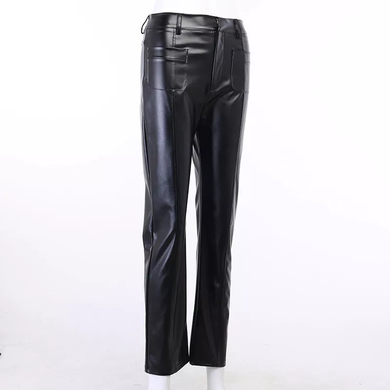 All Match Casual Design Double Pocket Pants Pu Leather Pants Woman