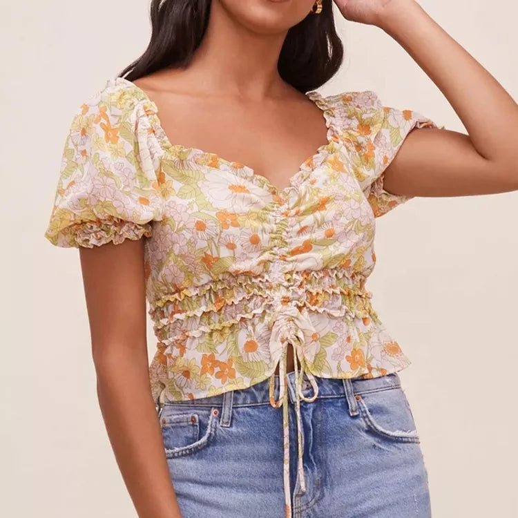 Blouses Ladies Summer Floral Printed Tops Woman Blouses Crop Tops Front Drawstring Blouses Ladies Shirt